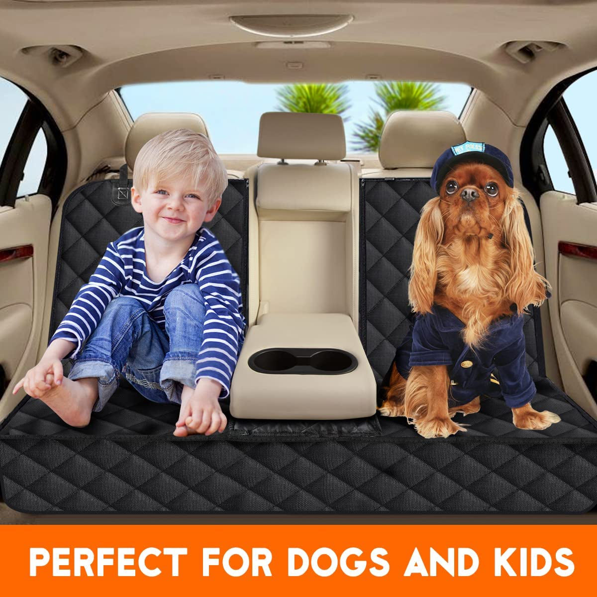 Dog Car Seat Cover, Back Seat Cover for Dogs Pet Car Seat Protector | Waterproof Rear Seat Cover Durable Car Seat Cover, Fits Middle Armrest for Most Cars Suvs Trucks (53” Width)- Black